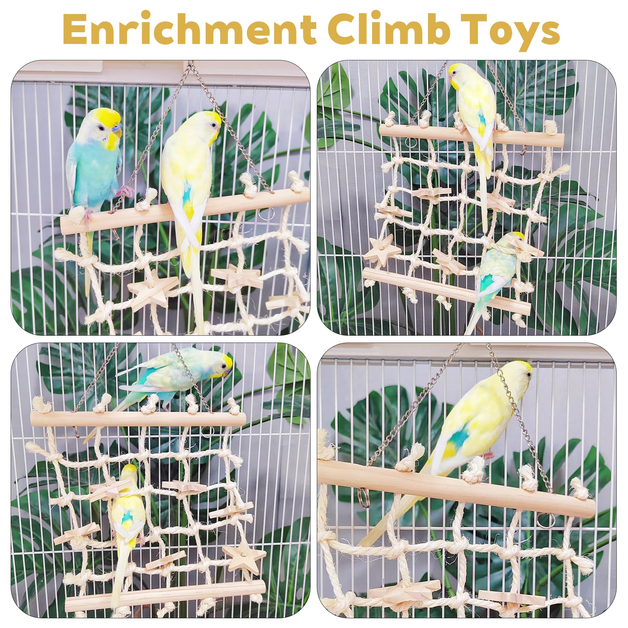 Jevnd Sugar Glider Toys, Natural Wooden & Sisal Sugar Glider Climbing Net, Hanging Toys Rat Cage Accessories, Anti-Snag Chew-Res